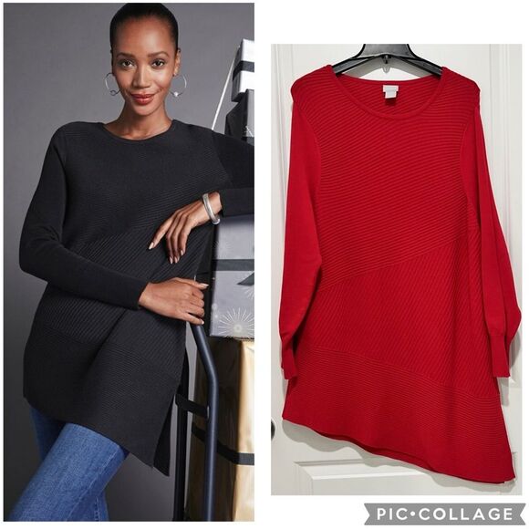 Chico's Women's Asymmetrical Hem Ribbed Tunic Sweater Blouse Red Sz 3 (US XL/16) - Picture 1 of 12